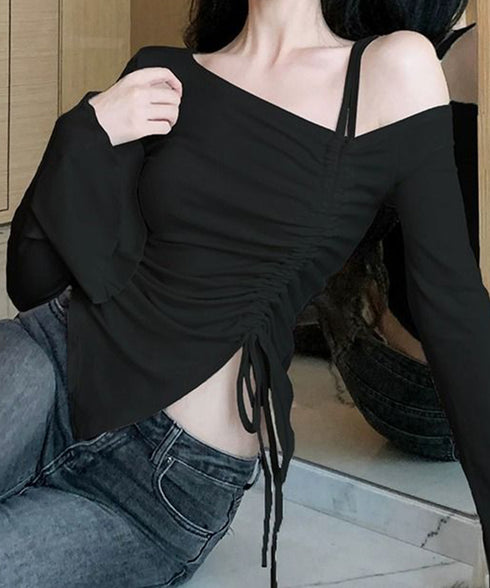 ワンオフショルダーTシャツギャザー 長袖 肩出しドロストtシャツ レディース リボンタイトTシャツ肩あき セクシートップス お洒落 アンバランスヘムtシャツ 薄手 90CHENXINI-021